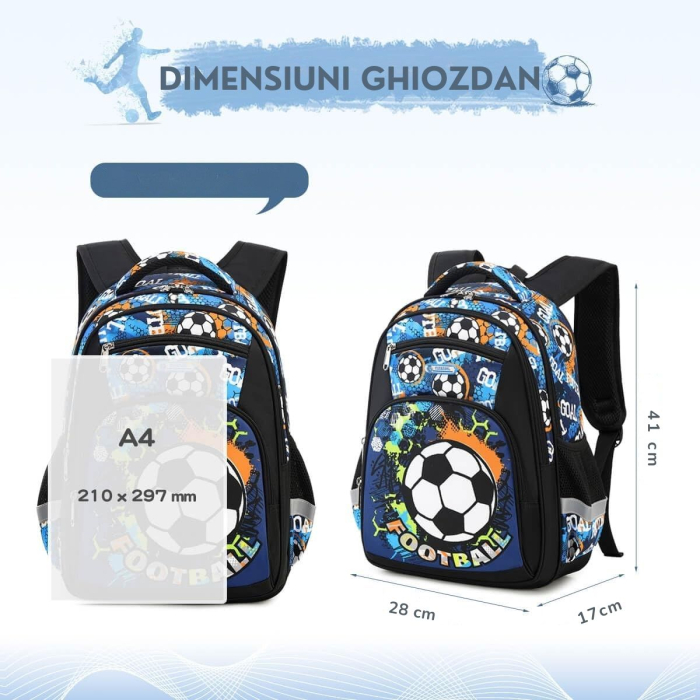 Ghiozdan pentru scoala baieti, Giftry®, 5-10 ani, Tematica Fotbal, multifunctional, impermeabil, negru, 41 cm x 28 cm x 17 cm [4]
