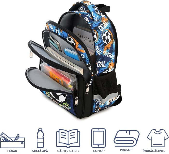 Ghiozdan pentru scoala baieti, Giftry®, 5-10 ani, Tematica Fotbal, multifunctional, impermeabil, negru, 41 cm x 28 cm x 17 cm [5]