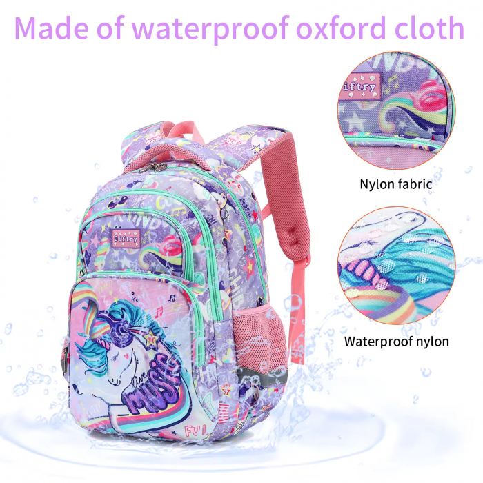 Ghiozdan pentru scoala fete, Giftry®, 5-10 ani, model Unicorn, multifunctional, impermeabil, roz, 42 cm x 36 cm x 18 cm [6]