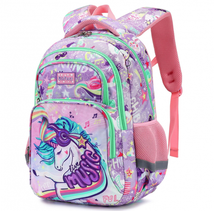 Ghiozdan pentru scoala fete, Giftry®, 5-10 ani, model Unicorn, multifunctional, impermeabil, roz, 42 cm x 36 cm x 18 cm [1]