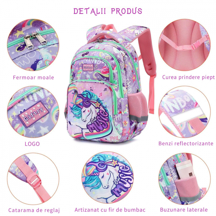 Ghiozdan pentru scoala fete, Giftry®, 5-10 ani, model Unicorn, multifunctional, impermeabil, roz, 42 cm x 36 cm x 18 cm [2]