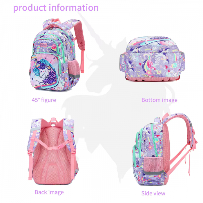 Ghiozdan pentru scoala fete, Giftry®, 5-10 ani, model Unicorn, multifunctional, impermeabil, roz, 42 cm x 36 cm x 18 cm [4]