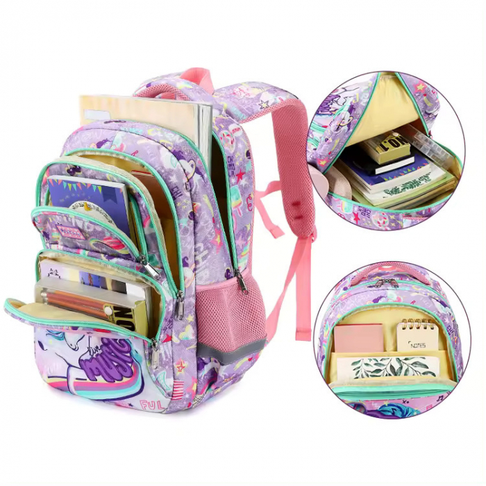 Ghiozdan pentru scoala fete, Giftry®, 5-10 ani, model Unicorn, multifunctional, impermeabil, roz, 42 cm x 36 cm x 18 cm [5]