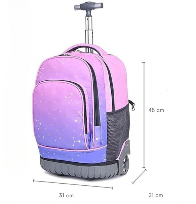 Ghiozdan troler multifunctional copii Giftry® – 2-in-1 rucsac cu roti silentioase, maner telescopic, impermeabil, 48 x 31 x 21 cm, ideal scoala si calatorii, Roz [10]