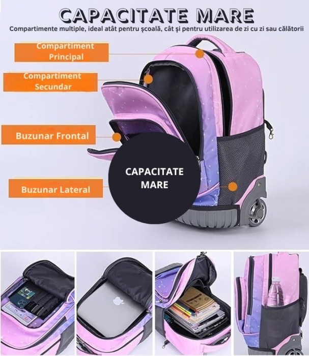 Ghiozdan troler multifunctional copii Giftry® – 2-in-1 rucsac cu roti silentioase, maner telescopic, impermeabil, 48 x 31 x 21 cm, ideal scoala si calatorii, Roz [3]