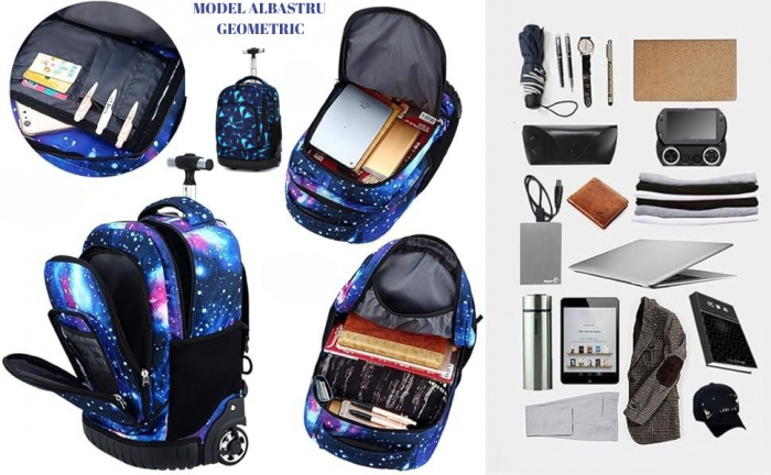 Ghiozdan troler multifunctional copii Giftry® – 2-in-1 rucsac cu roti silentioase, maner telescopic, impermeabil, 48 x 31 x 21 cm, ideal scoala si calatorii, Albastru [4]