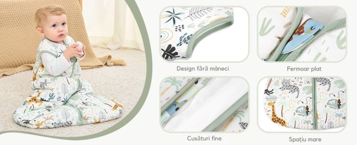 Giftry® Sac de dormit pentru bebelusi, 0-6 luni, 100% bumbac, 1.0 TOG, fara maneci, fermoar dublu, confort termic, model safari, verde [5]