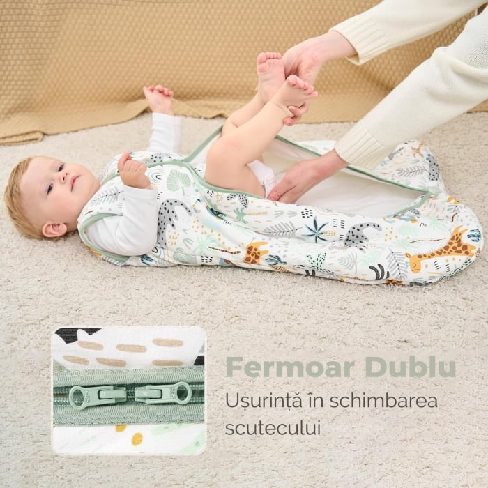 Giftry® Sac de dormit pentru bebelusi, 0-6 luni, 100% bumbac, 1.0 TOG, fara maneci, fermoar dublu, confort termic, model safari, verde [2]