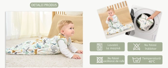 Giftry® Sac de dormit pentru bebelusi, 0-6 luni, 100% bumbac, 1.0 TOG, fara maneci, fermoar dublu, confort termic, model safari, verde [4]