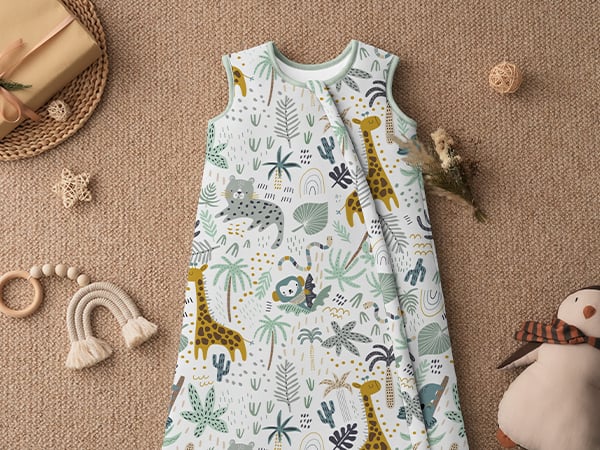 Giftry® Sac de dormit pentru bebelusi, 0-6 luni, 100% bumbac, 1.0 TOG, fara maneci, fermoar dublu, confort termic, model safari, verde [6]