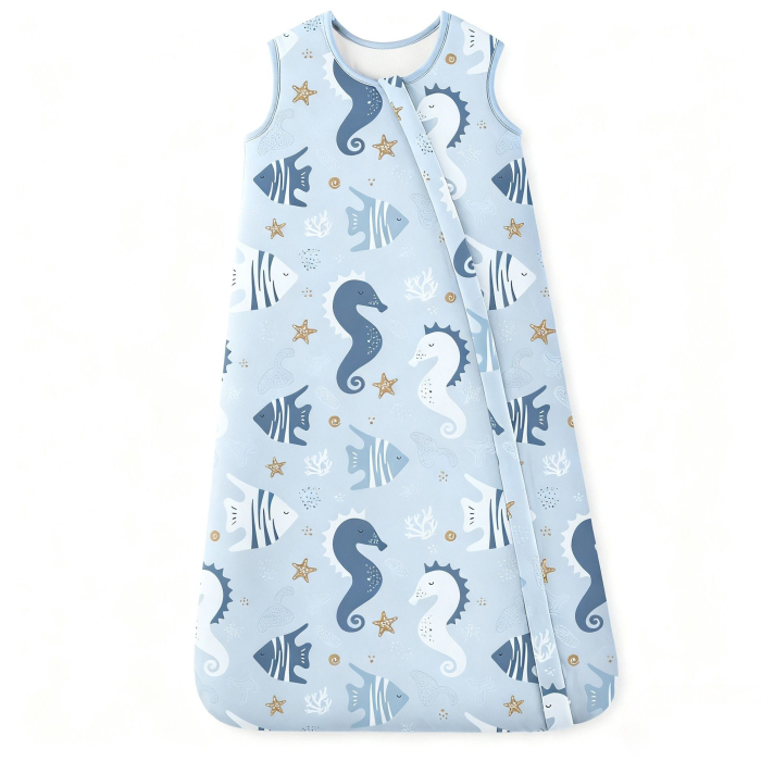 Giftry® Sac de dormit pentru bebelusi, 6-18 luni, 100% bumbac, 1.0 TOG, fara maneci, fermoar dublu, confort termic, model animale marine, albastru [1]