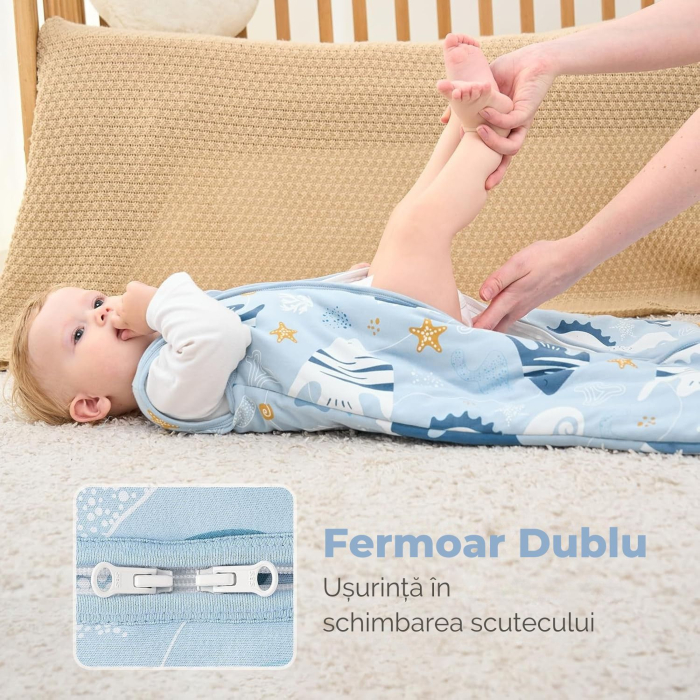 Giftry® Sac de dormit pentru bebelusi, 6-18 luni, 100% bumbac, 1.0 TOG, fara maneci, fermoar dublu, confort termic, model animale marine, albastru [2]