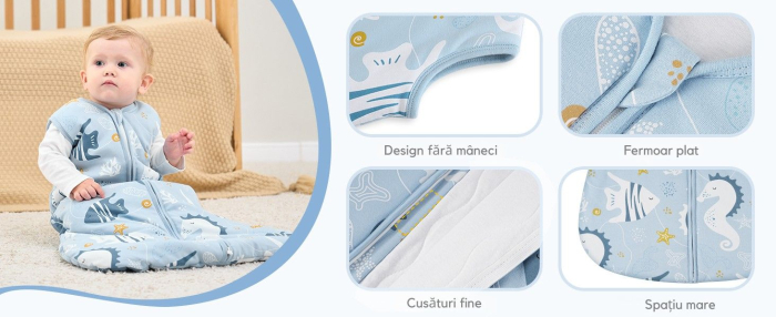 Giftry® Sac de dormit pentru bebelusi, 6-18 luni, 100% bumbac, 1.0 TOG, fara maneci, fermoar dublu, confort termic, model animale marine, albastru [6]
