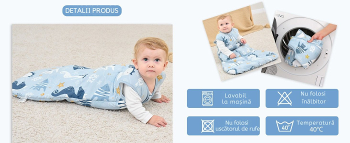 Giftry® Sac de dormit pentru bebelusi, 6-18 luni, 100% bumbac, 1.0 TOG, fara maneci, fermoar dublu, confort termic, model animale marine, albastru [5]