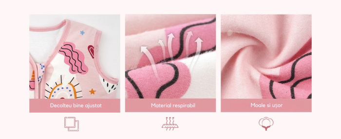 Giftry® Sac de dormit pentru bebelusi, 6-18 luni, 100% bumbac, 1.0 TOG, fara maneci, fermoar dublu, confort termic, model unicorn, roz [6]