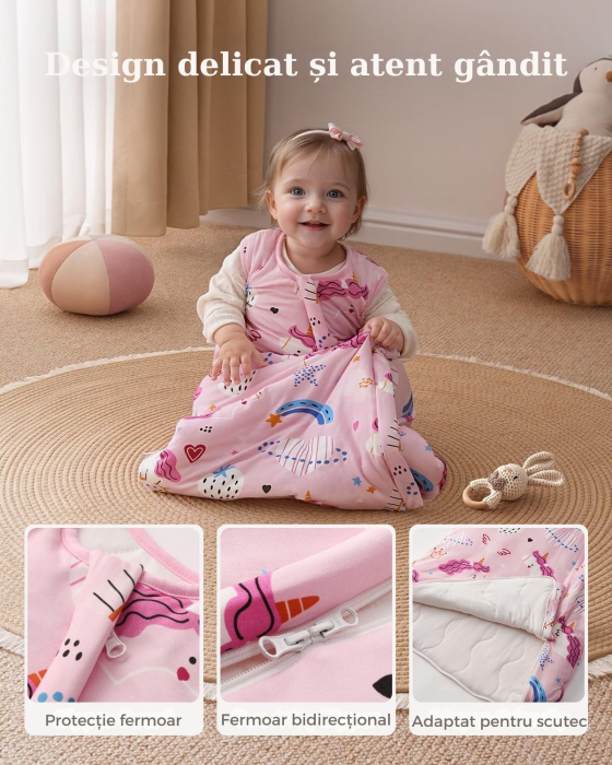 Giftry® Sac de dormit pentru bebelusi, 6-18 luni, 100% bumbac, 1.0 TOG, fara maneci, fermoar dublu, confort termic, model unicorn, roz [3]