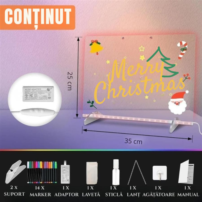 Giftry® Tabla LED Scris si Desen pentru Copii 3+, 7 Culori, 4 Moduri, 35x27 cm, Reutilizabila, Accesorii Complete, Ideal pentru Joaca, Camera, Birou si Home Office, Acril [9]