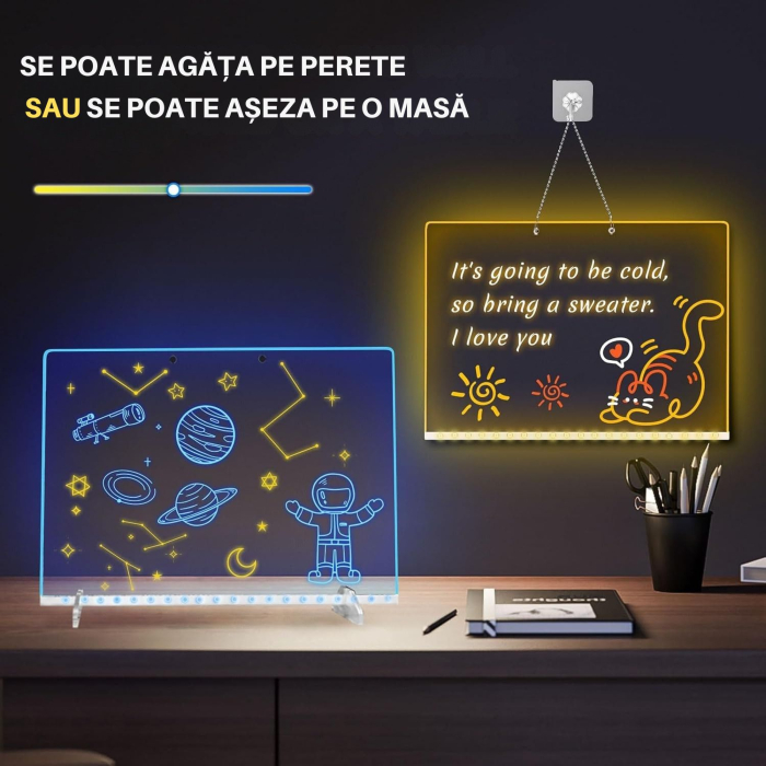 Giftry® Tabla LED Scris si Desen pentru Copii 3+, 7 Culori, 4 Moduri, 35x27 cm, Reutilizabila, Accesorii Complete, Ideal pentru Joaca, Camera, Birou si Home Office, Acril [3]