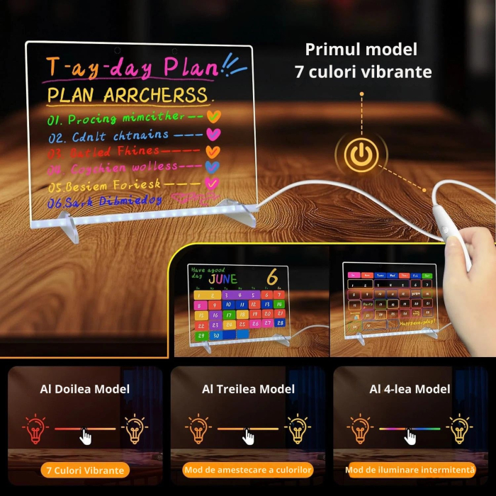 Giftry® Tabla LED Scris si Desen pentru Copii 3+, 7 Culori, 4 Moduri, 35x27 cm, Reutilizabila, Accesorii Complete, Ideal pentru Joaca, Camera, Birou si Home Office, Acril [8]