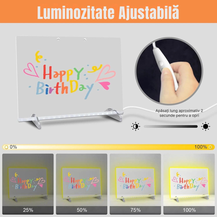 Giftry® Tabla LED Scris si Desen pentru Copii 3+, 7 Culori, 4 Moduri, 35x27 cm, Reutilizabila, Accesorii Complete, Ideal pentru Joaca, Camera, Birou si Home Office, Acril [7]