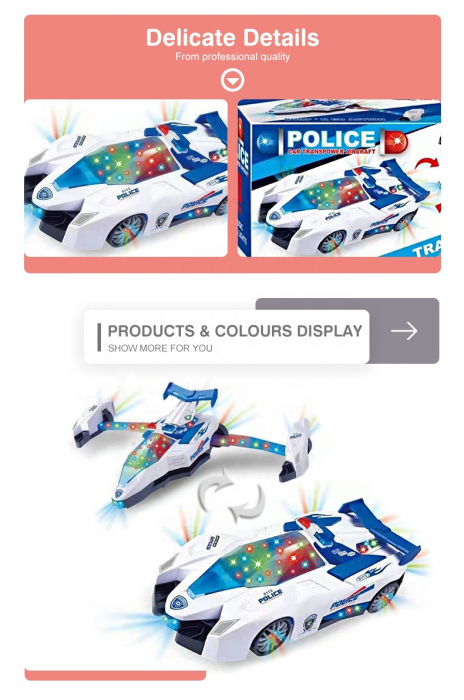 Jucarie masina politie, cu sunete si lumini, transformabila in avion, cadou copii, baieti si fete, model masina de teren, alb/albastru, +3 ani [8]