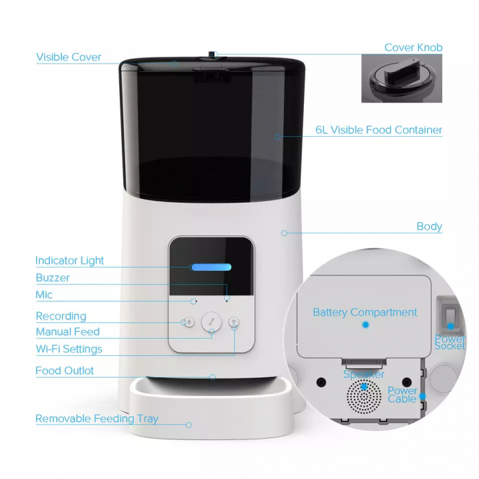 Hranitor Automat WiFi pentru Caini si Pisici, Giftry®, Programabil prin Aplicatie, Inregistrare vocala, Control al Portiilor, Functie Adapator, Capacitate 6l, alb [6]