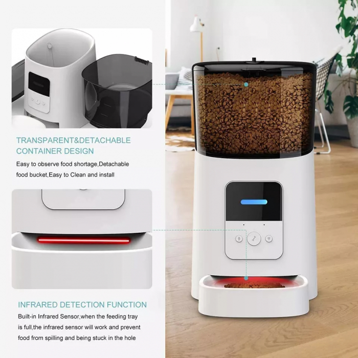 Hranitor Automat WiFi pentru Caini si Pisici, Giftry®, Programabil prin Aplicatie, Inregistrare vocala, Control al Portiilor, Functie Adapator, Capacitate 6l, alb [9]