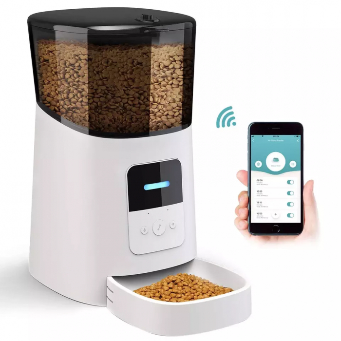 Hranitor Automat WiFi pentru Caini si Pisici, Giftry®, Programabil prin Aplicatie, Inregistrare vocala, Control al Portiilor, Functie Adapator, Capacitate 6l, alb [7]