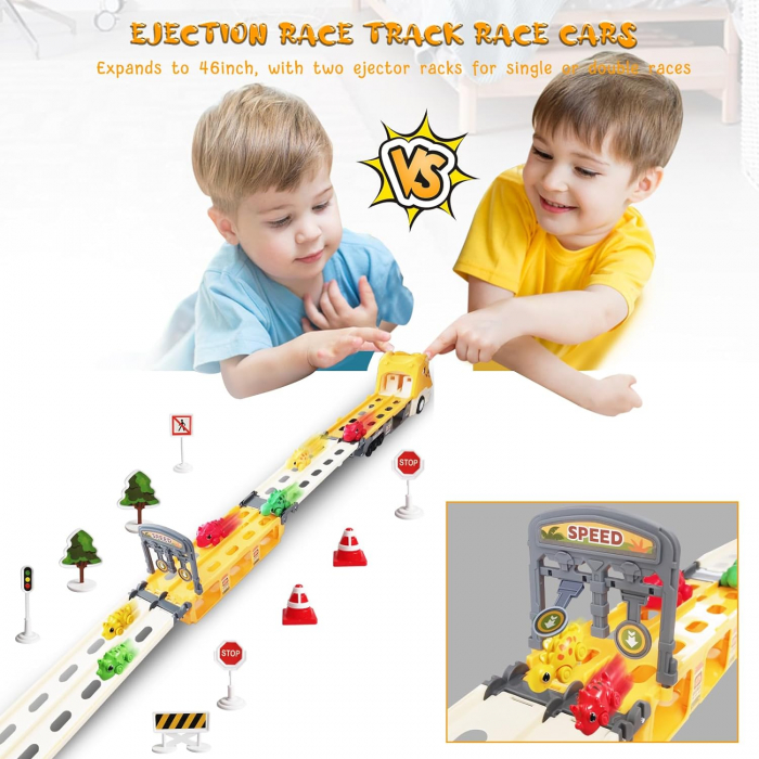 Jucarie camion dinozaur Giftry®, pista pliabila, 2 moduri joc, 6 masinute, 12 semne circulatie, sunete si lumini, 3-8 ani, galben [8]