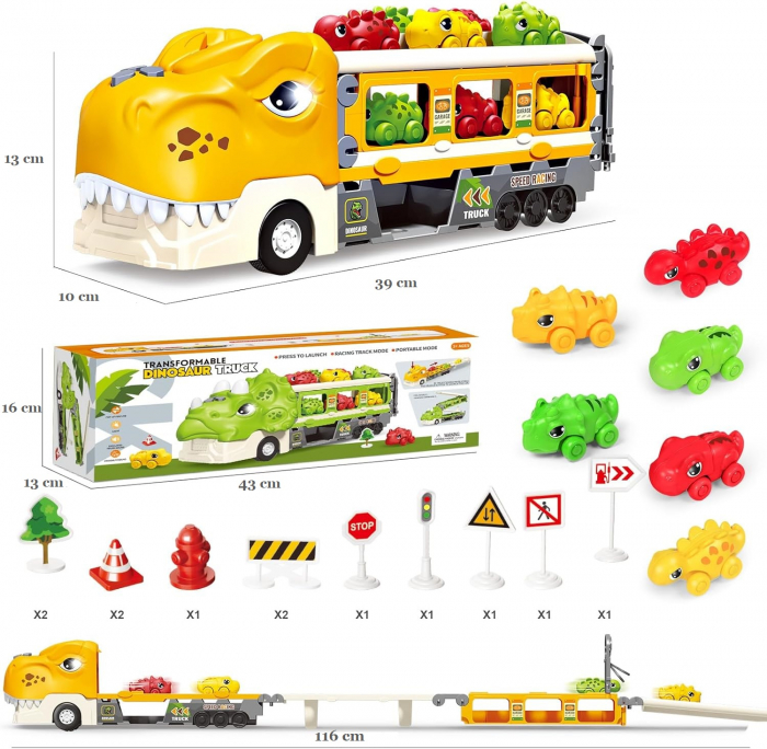Jucarie camion dinozaur Giftry®, pista pliabila, 2 moduri joc, 6 masinute, 12 semne circulatie, sunete si lumini, 3-8 ani, galben [7]