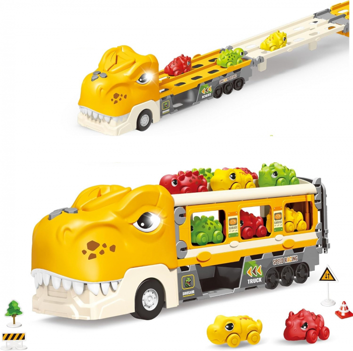 Jucarie camion dinozaur Giftry®, pista pliabila, 2 moduri joc, 6 masinute, 12 semne circulatie, sunete si lumini, 3-8 ani, galben [1]