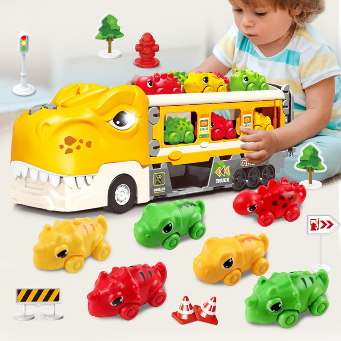 Jucarie camion dinozaur Giftry®, pista pliabila, 2 moduri joc, 6 masinute, 12 semne circulatie, sunete si lumini, 3-8 ani, galben [2]
