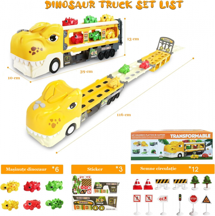 Jucarie camion dinozaur Giftry®, pista pliabila, 2 moduri joc, 6 masinute, 12 semne circulatie, sunete si lumini, 3-8 ani, galben [3]
