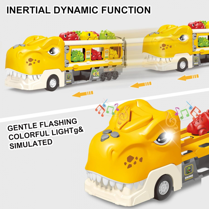 Jucarie camion dinozaur Giftry®, pista pliabila, 2 moduri joc, 6 masinute, 12 semne circulatie, sunete si lumini, 3-8 ani, galben [6]