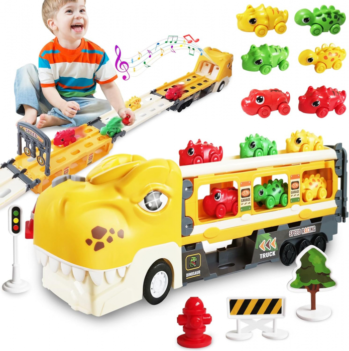 Jucarie camion dinozaur Giftry®, pista pliabila, 2 moduri joc, 6 masinute, 12 semne circulatie, sunete si lumini, 3-8 ani, galben [10]