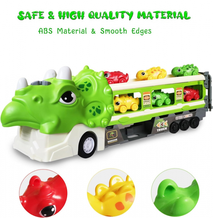 Jucarie camion dinozaur Giftry®, pista pliabila, 2 moduri joc, 6 masinute, 12 semne circulatie, sunete si lumini, 3-8 ani, verde [2]