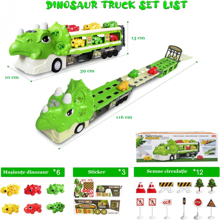 Jucarie camion dinozaur Giftry®, pista pliabila, 2 moduri joc, 6 masinute, 12 semne circulatie, sunete si lumini, 3-8 ani, verde [7]