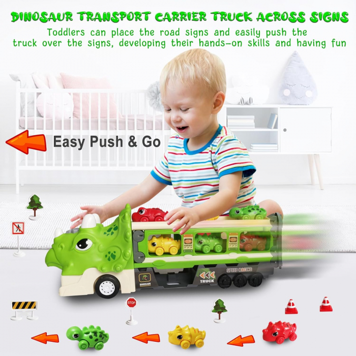 Jucarie camion dinozaur Giftry®, pista pliabila, 2 moduri joc, 6 masinute, 12 semne circulatie, sunete si lumini, 3-8 ani, verde [6]