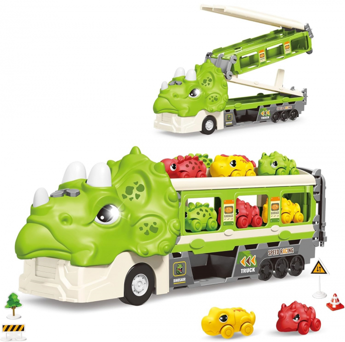 Jucarie camion dinozaur Giftry®, pista pliabila, 2 moduri joc, 6 masinute, 12 semne circulatie, sunete si lumini, 3-8 ani, verde [11]