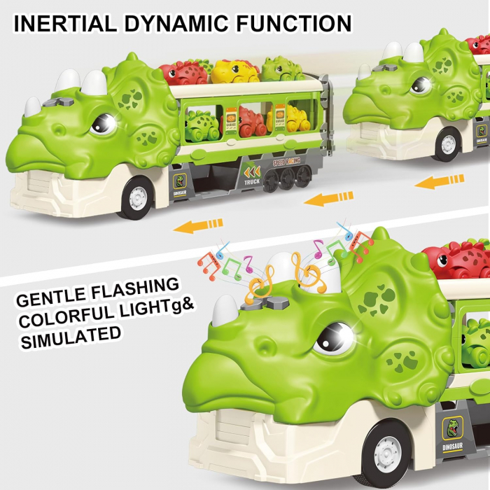 Jucarie camion dinozaur Giftry®, pista pliabila, 2 moduri joc, 6 masinute, 12 semne circulatie, sunete si lumini, 3-8 ani, verde [9]