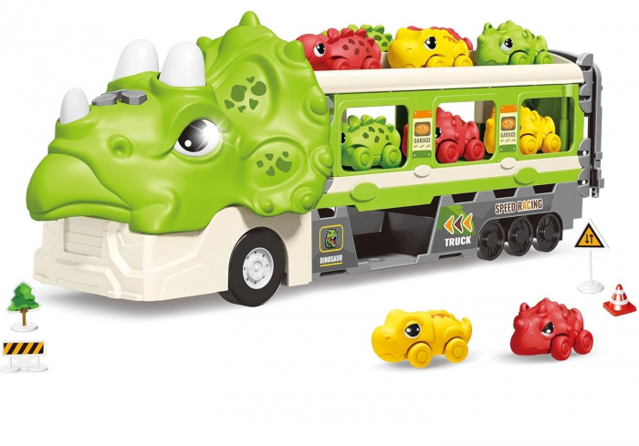 Jucarie camion dinozaur Giftry®, pista pliabila, 2 moduri joc, 6 masinute, 12 semne circulatie, sunete si lumini, 3-8 ani, verde [1]