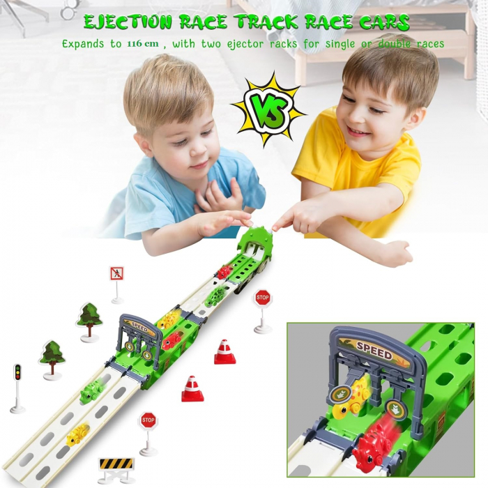 Jucarie camion dinozaur Giftry®, pista pliabila, 2 moduri joc, 6 masinute, 12 semne circulatie, sunete si lumini, 3-8 ani, verde [13]