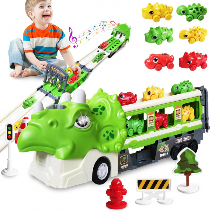 Jucarie camion dinozaur Giftry®, pista pliabila, 2 moduri joc, 6 masinute, 12 semne circulatie, sunete si lumini, 3-8 ani, verde [8]