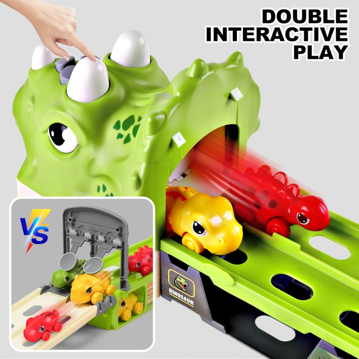 Jucarie camion dinozaur Giftry®, pista pliabila, 2 moduri joc, 6 masinute, 12 semne circulatie, sunete si lumini, 3-8 ani, verde [10]