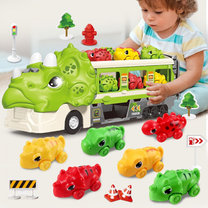 Jucarie camion dinozaur Giftry®, pista pliabila, 2 moduri joc, 6 masinute, 12 semne circulatie, sunete si lumini, 3-8 ani, verde [12]