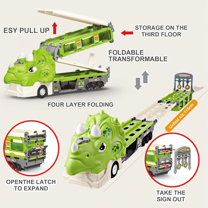 Jucarie camion dinozaur Giftry®, pista pliabila, 2 moduri joc, 6 masinute, 12 semne circulatie, sunete si lumini, 3-8 ani, verde [4]