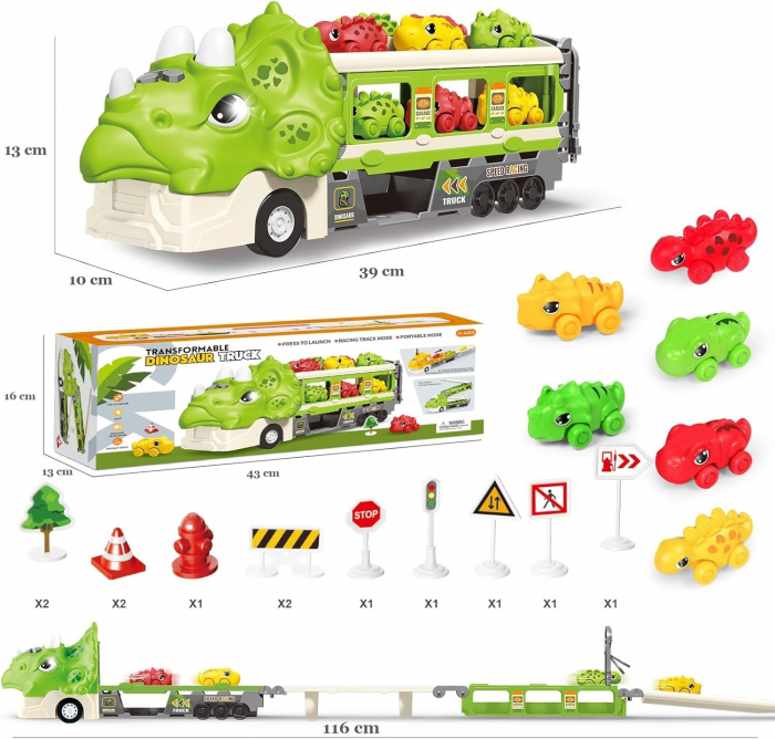Jucarie camion dinozaur Giftry®, pista pliabila, 2 moduri joc, 6 masinute, 12 semne circulatie, sunete si lumini, 3-8 ani, verde [5]