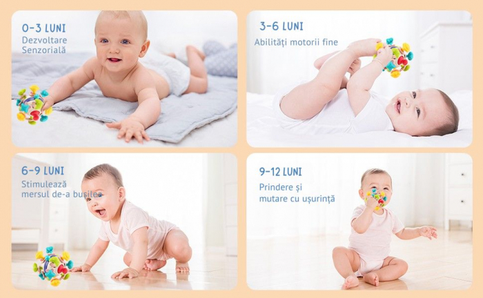 Jucarie Dentitie Bebelusi Giftry® – Minge Teether Montessori 2 in 1, Zornaitoare Fara BPA, Amelioreaza Disconfortul Gingival, Stimuleaza Dezvoltarea Motorie, 0-18 Luni [8]