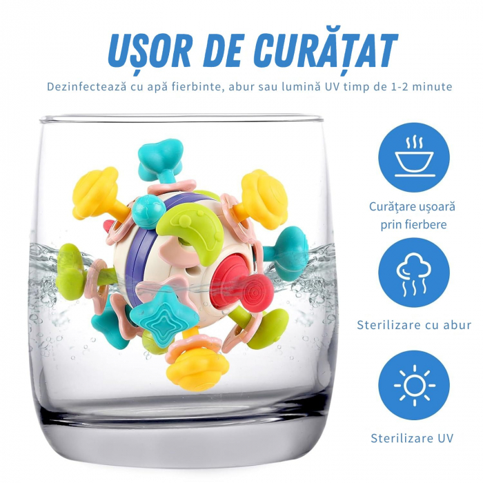 Jucarie Dentitie Bebelusi Giftry® – Minge Teether Montessori 2 in 1, Zornaitoare Fara BPA, Amelioreaza Disconfortul Gingival, Stimuleaza Dezvoltarea Motorie, 0-18 Luni [6]