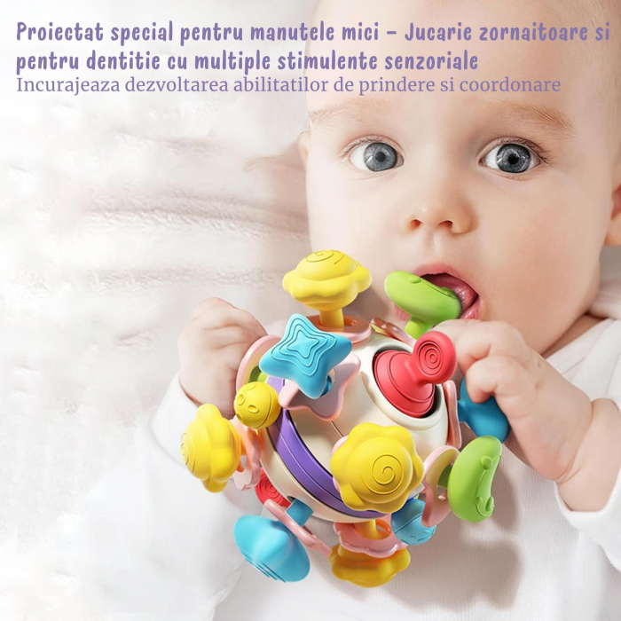 Jucarie Dentitie Bebelusi Giftry® – Minge Teether Montessori 2 in 1, Zornaitoare Fara BPA, Amelioreaza Disconfortul Gingival, Stimuleaza Dezvoltarea Motorie, 0-18 Luni [5]